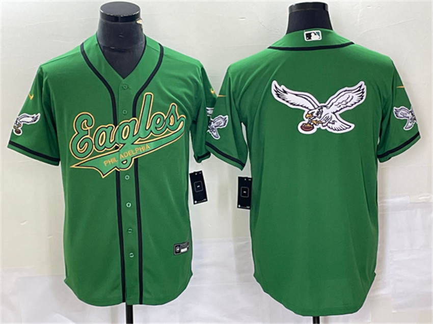 Men's Green Gold Philadelphia Eagles Team Big Logo Cool Base Stitched Baseball Jersey